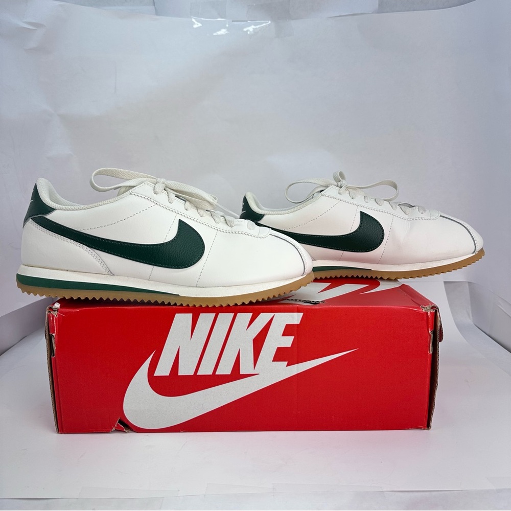 New Nike Cortez Leather Sneaker in Sail, Fir, Gum Yellow, & Black shoe - Picture 2 of 8